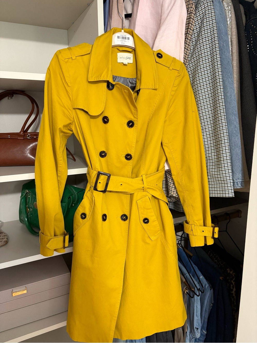 Maison Jules Yellow Double-Breasted Trench Coat with Belt